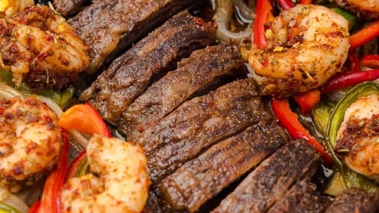 Sheet Pan Steak and Shrimp Fajitas