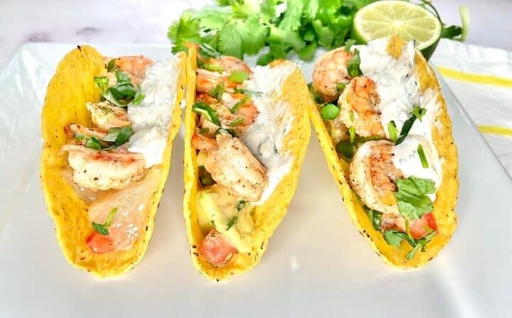 Shrimp Tacos with Avocado, Grapefruit, and Creamy Cilantro Sauce