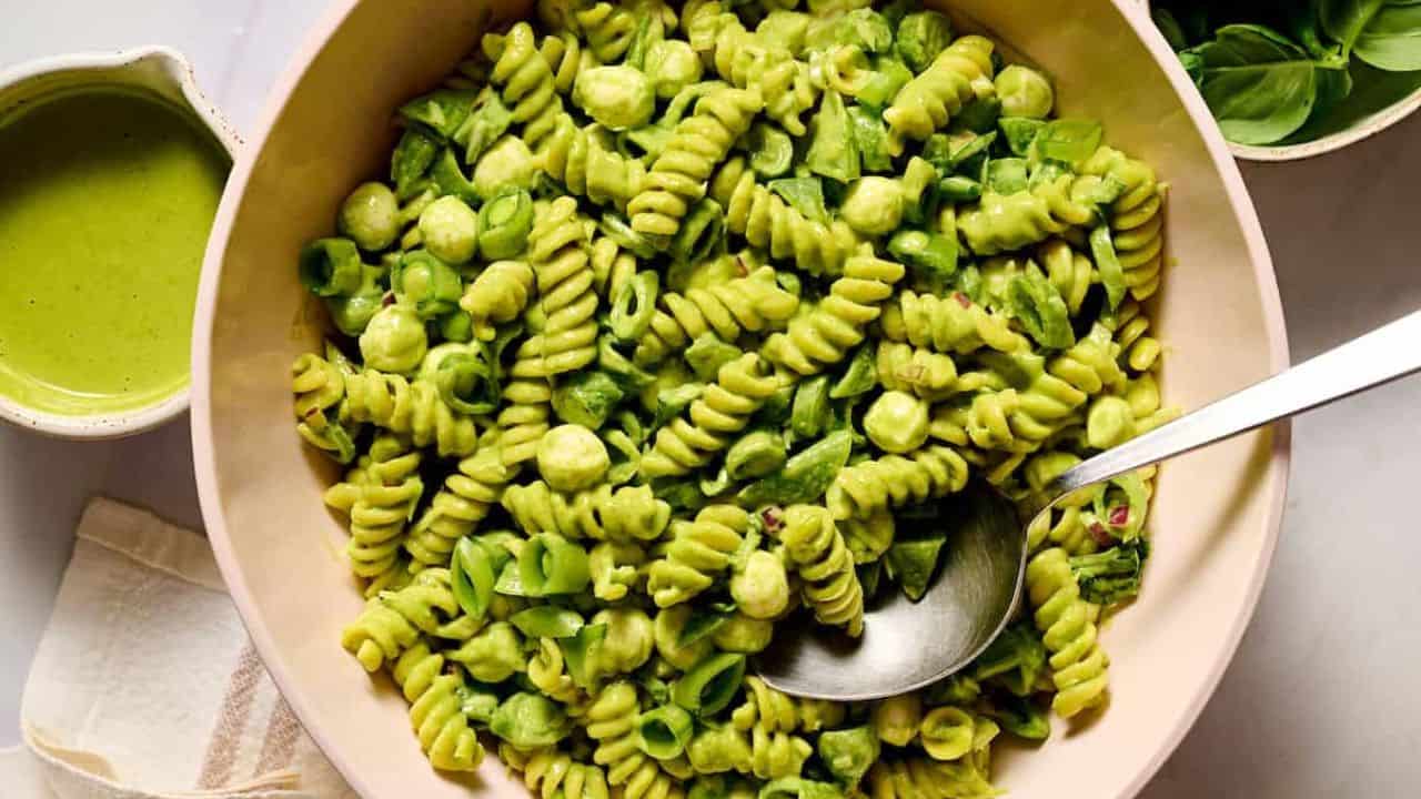 Snap Pea Pasta Salad with Fresh Mozzarella and Basil Lime Dressing
