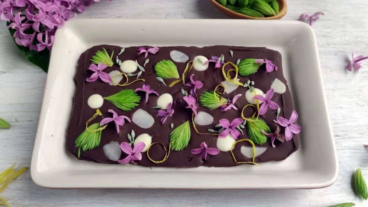 Spring Chocolate Bark with Edible Flowers and Greens