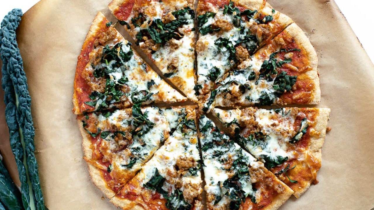 Kale and Italian Sausage Pizza with Einkorn Crust